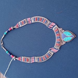 Tribal Design, Lapis, Turquoise and Coral Necklace set in Sterling Silver Plated